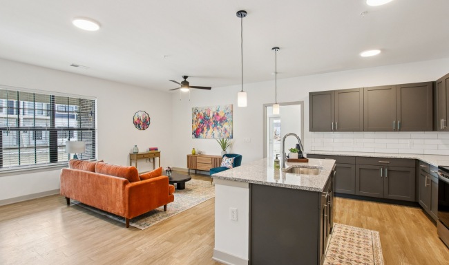 Styled apartment living room and kitchen